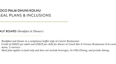Coco Palm Dhuni Kolhu Resort &amp; Spa Meal Plans &amp; Inclusions, 118