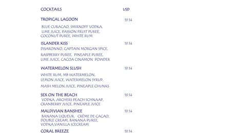 На фото: Medhufushi Island Resort Beverage Menu, 124 Medhufushi Island Resort Beverage Menu, 124