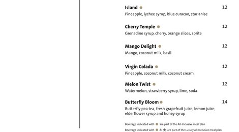 На фото: Kuredhivaru Resort and Spa Beverage Menu 2025, 129 Kuredhivaru Resort and Spa Beverage Menu 2025, 129